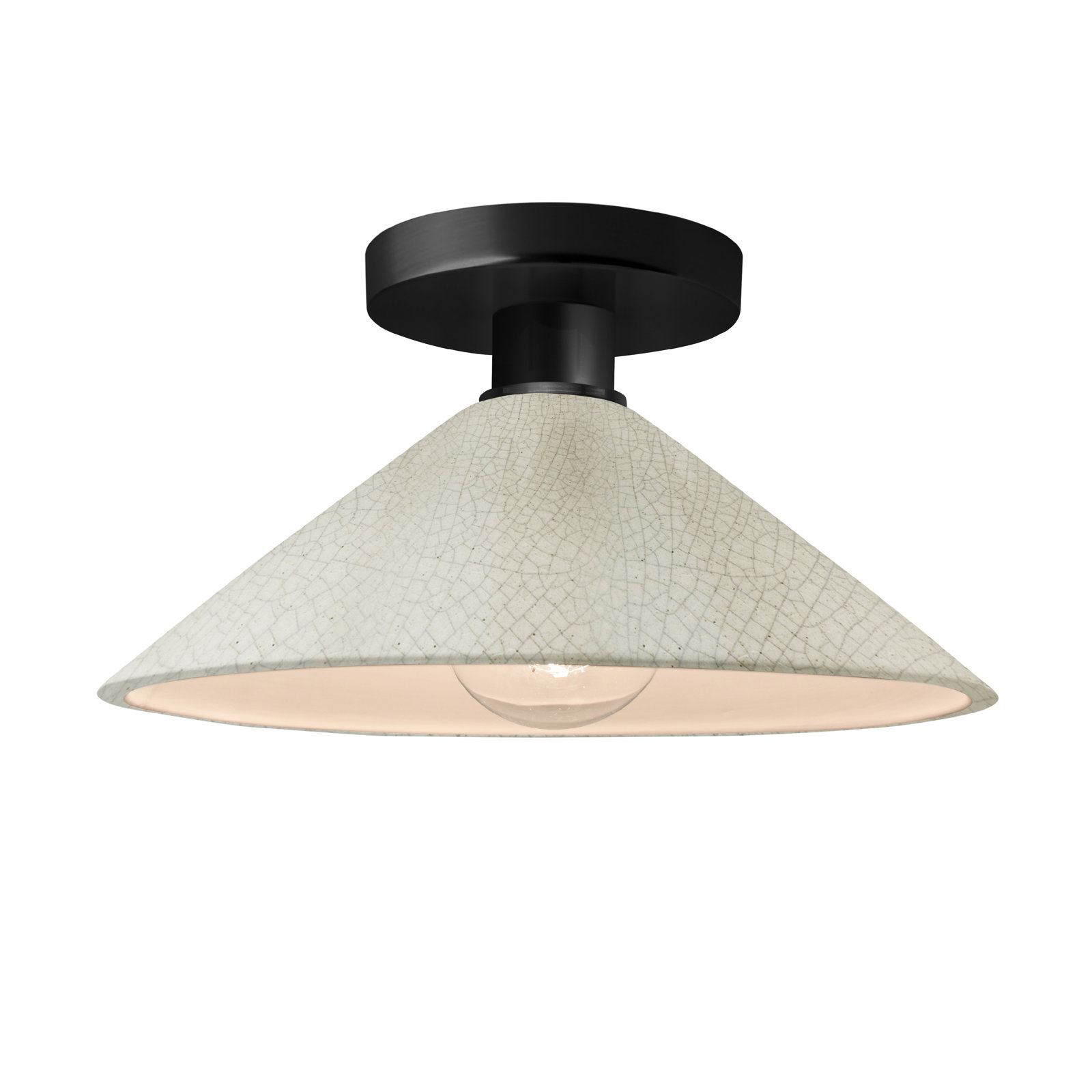Single Light Ceramic Semi Flush Mount, White Crackle, Matte Black, Incandescent (Not Included)