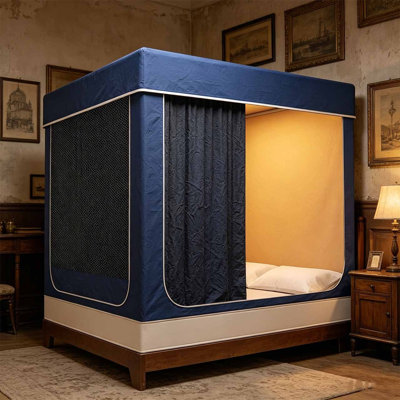 Queen Size Painted Stainless Canopy Bed Frame，with Covered Mosquito Net and 3PCS Completely Blackout Canopy Bed Curtains