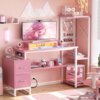 Reversible L Shaped Desk with Power Outlets and Fabric Drawers