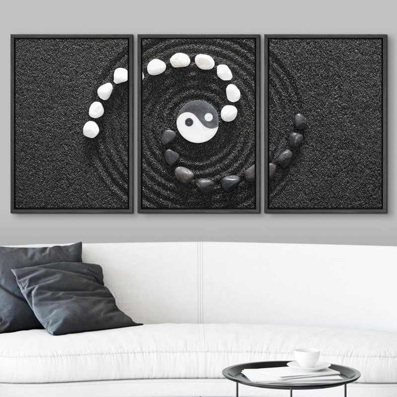 Décoration zen en pierres Zen avec Yin et Yang, H 24 po x l 48 po, Cadre flottant noir