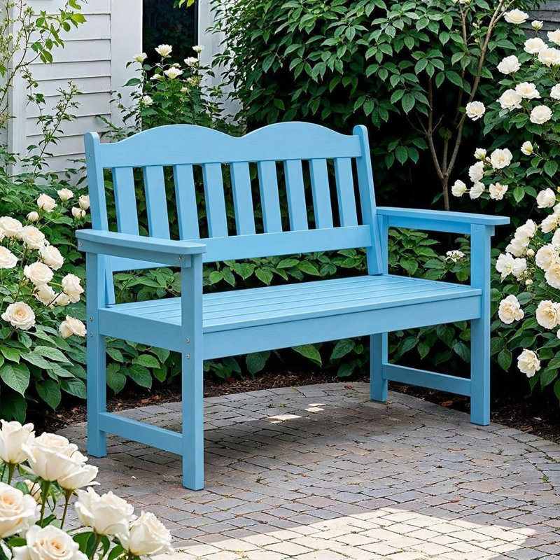 2-Person Poly Lumber Garden Bench - Weather-Resistant Slatted Loveseat for Patio, Porch, Yard, Park or Backyard (Blue), Blue