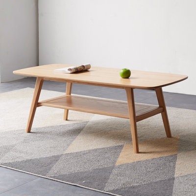 2-Tier Mid Century Modern Coffee Table - 100% Solid Wood Construction - Practical Living Room Table with Storage Shelf, Space-Saving Design for Apartments, Easy to Assemble