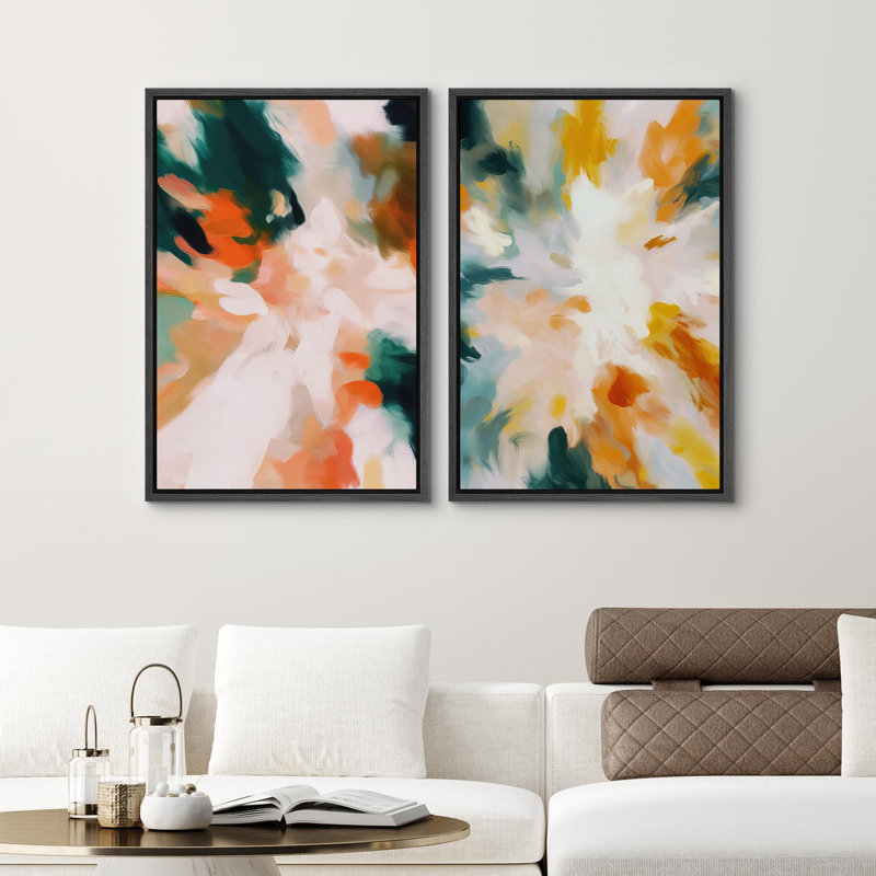 «Vibrant Abstract Shapes», 2 pièces sur toile, Cadre noir, H 36 po x l 24 po