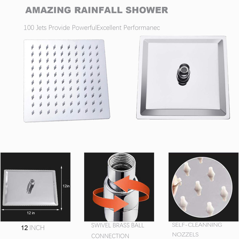 Rainfall Shower Head With 11-Inch Adjustable Extension Arm – Large Stainless Steel High-Flow Square Shower Head For Full-Body Coverage ( 12-Inch)