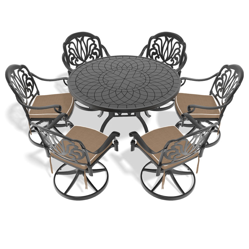 Ensemble de bar de salle à manger en aluminium coulé 7 pièces 7 pièces, comprenant 6 chaises pivotantes et une table ronde de 47,24 po avec structure noire (même référence: W1710S00445)