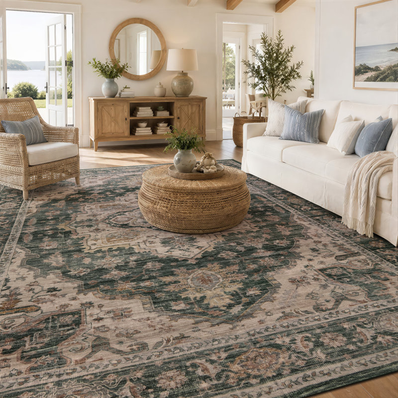 Tapis rétro vert antidérapant lavable à la machine Vintage Medallion, Vert, 6 pi 6 po x 9 pi