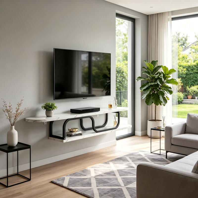 Meuble télé flottant avec éclairage DEL, console multimédia murale, centre de divertissement moderne à texture de marbre avec télécommande et minuterie