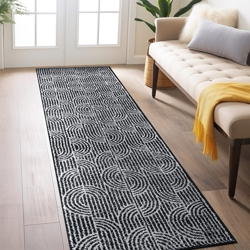 Rambo Modern Arch Pattern Stripe Area Rug Black/Ivory/Gray, Runner 2' x 7'