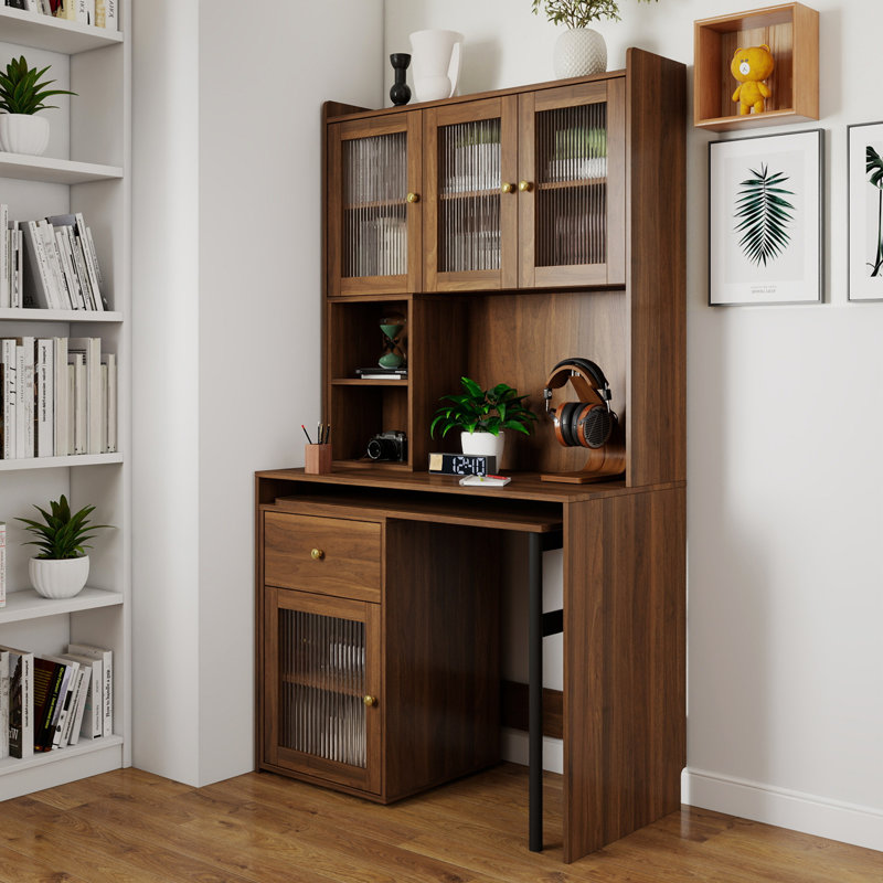 Bureau d'ordinateur avec porte vitrée pour bureau personnel ou bureau d'étude, Noyer