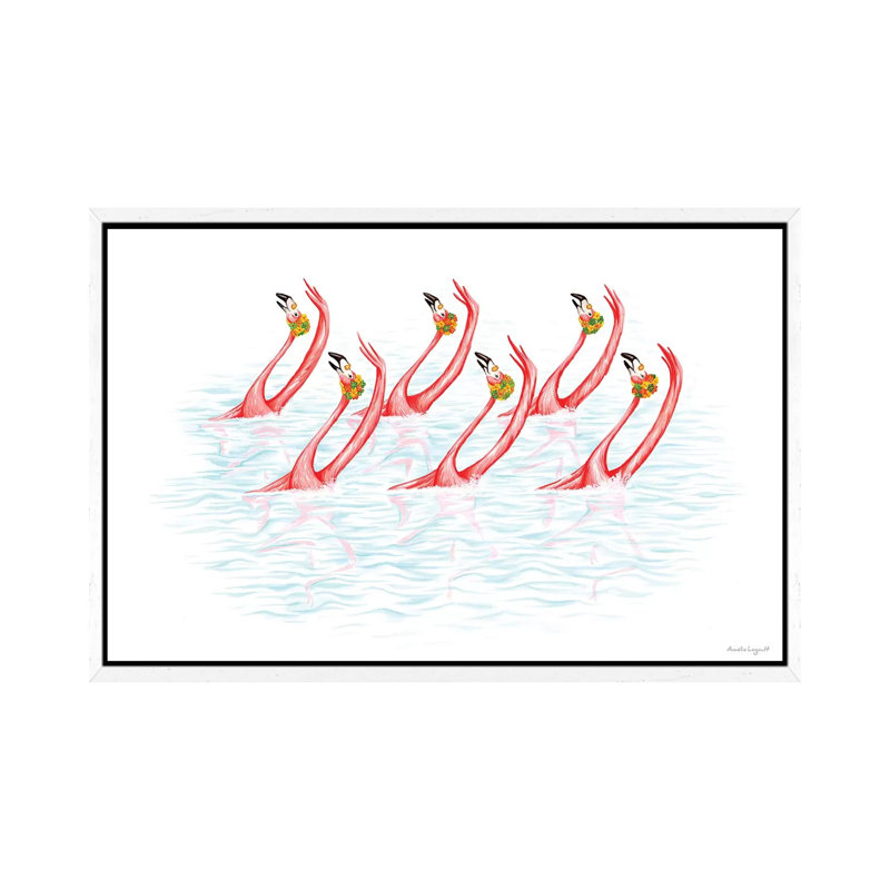 Flamingos Synchro Swim by Amélie Legault - Painting on Canvas, White Floater Framed, 45.72cm H x 66.04cm W x 3.81cm D