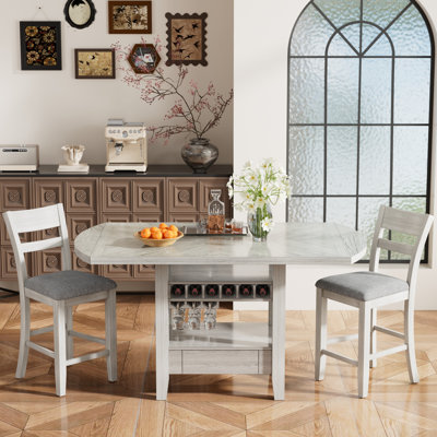 Counter Height Dining Table Set with Chairs, Solid Wood Drop Leaf Kitchen Table with Storage Shelves, 3-Piece Mid-Century Modern Dining Room Table and Chairs Set