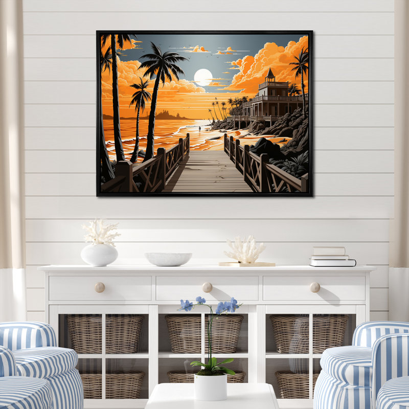 «Quelia Beach Pier Perspectives Papercut III», reproduction sur toile, Cadre flottant noir, H 30 po x l 40 po x P 1,5 po