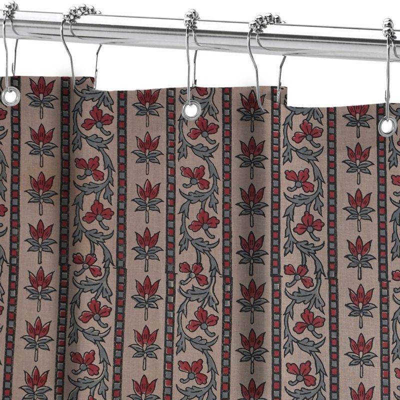 Artisan Crafted Block Print Linen Bath Curtain |  Natural Fabric | Decorative Shower Panel, Laxmi Border, Red, 57"H x 36"W