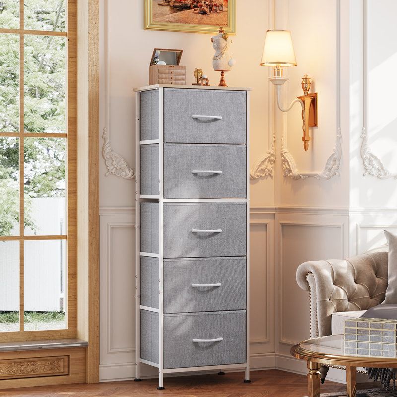 Commode verticale à 5 tiroirs avec plateau en bois Ojaswi pour chambre à coucher, commode avec structure en acier Strudy pour petit espace, tour de rangement pour placard, couloir