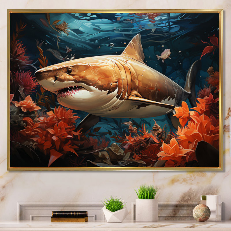 " Grey Orange Shark Underwater Symphony ", Gold Floater Framed, 30" H x 40" W