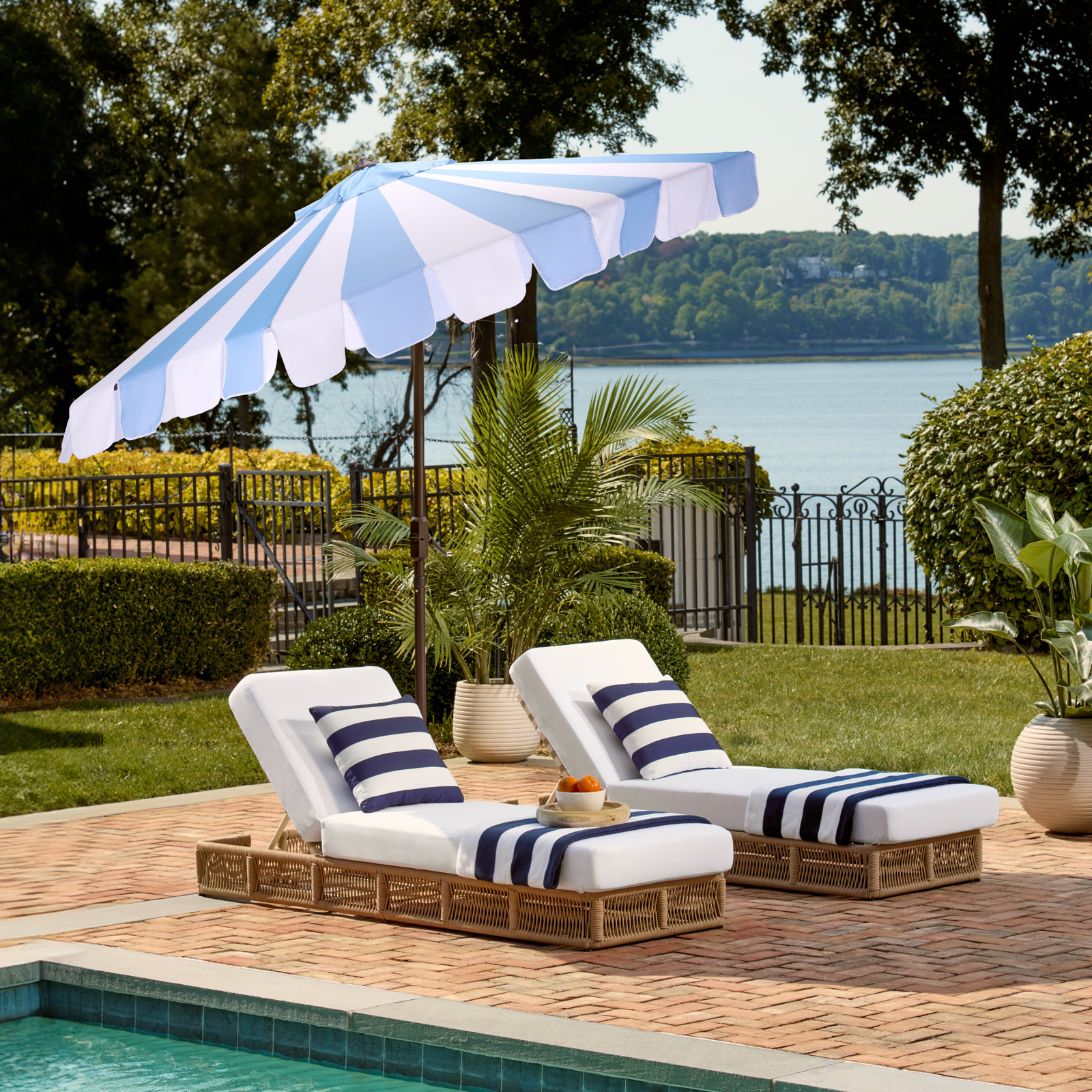Elsie 9 Ft Crank Umbrella, Baby Blue Stripe