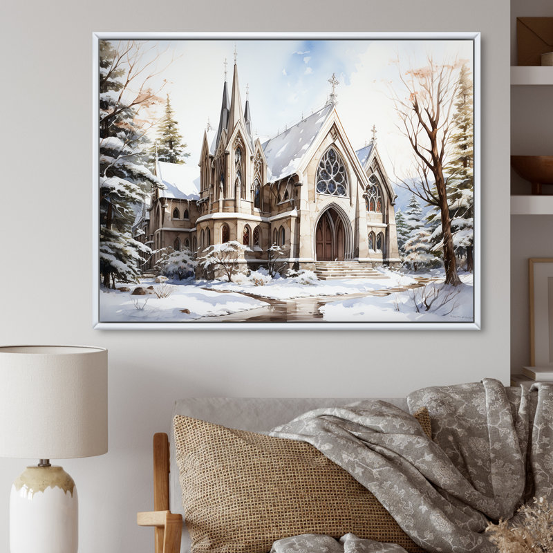 Chapelle de mariage blanche, aquarelle d'hiver rustique, Cadre flottant blanc, H 16 po x l 32 po x P 1 po
