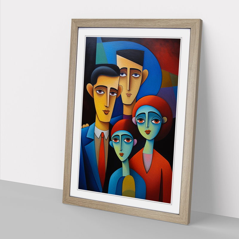 Loving Family Hard Edge Painting - Single Picture Frame Print on Wood, Oak Framed, 64cm H x 46cm W x 2cm D