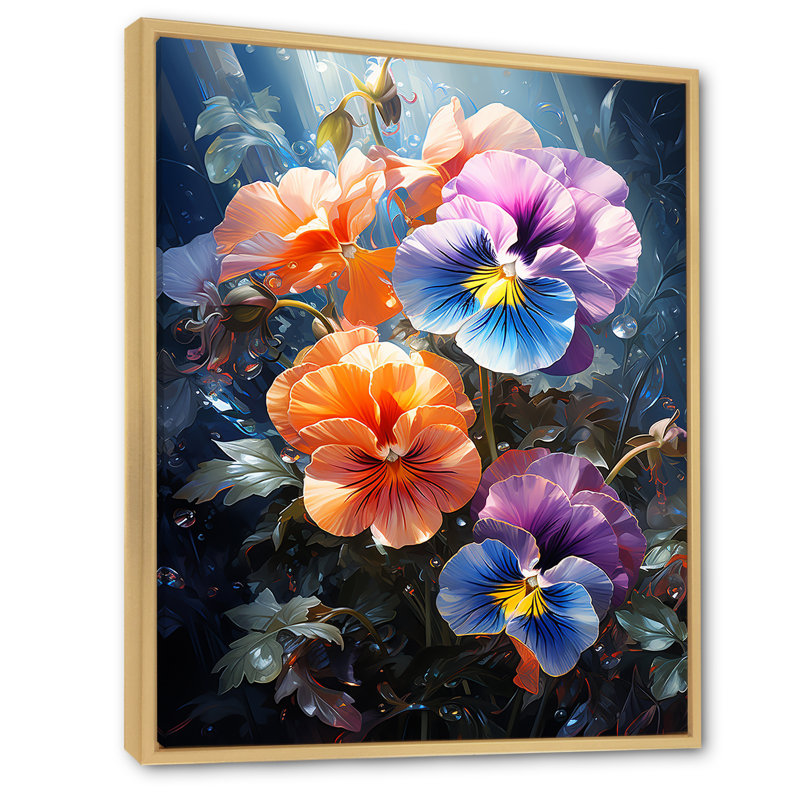 Orange et bleu «Pansie Blooms Serenity» - art mural Pensies, Cadre flottant brun, H 32 po x l 16 po