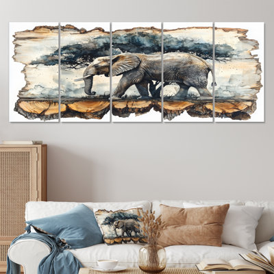 Éléphant sous le baobab, diapositive en bois IV - éléphant, art mural - décoration murale moderne