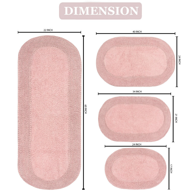Eveland Runner 100% Cotton Non-Slip 4 Piece Bath Rug Set, Pink