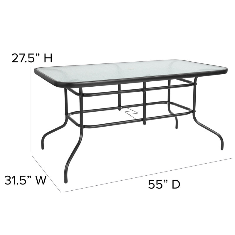 Amlie 31.5" x 55" Rectangular Tempered Glass Metal Patio Table with Umbrella Hole by Flash Furniture, Black