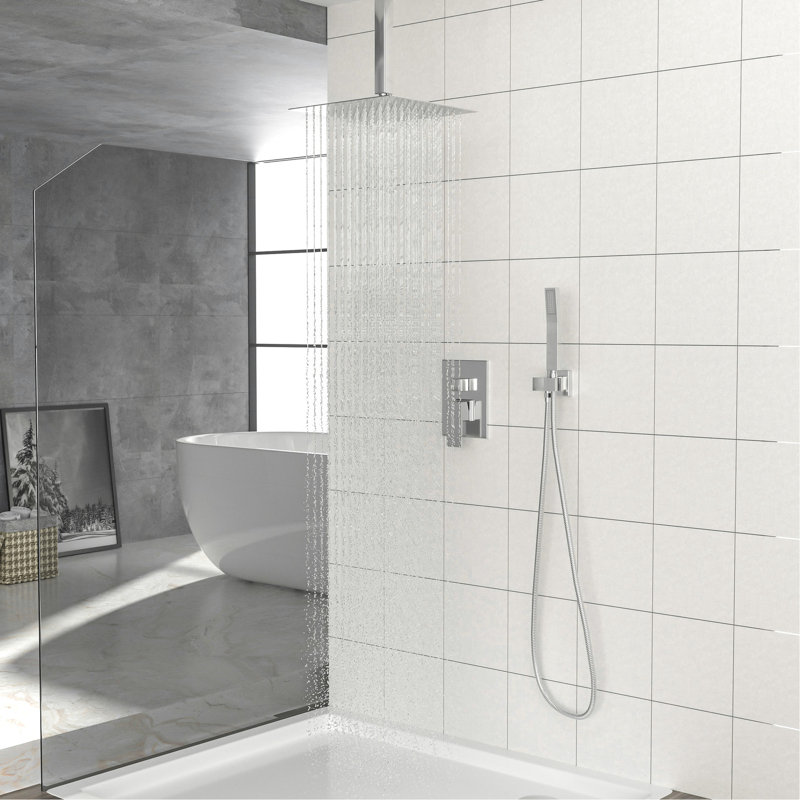 Dual Function Shower Head - 12 Inch With Hose And Ceiling Mounted Flange, Brushed Nickel