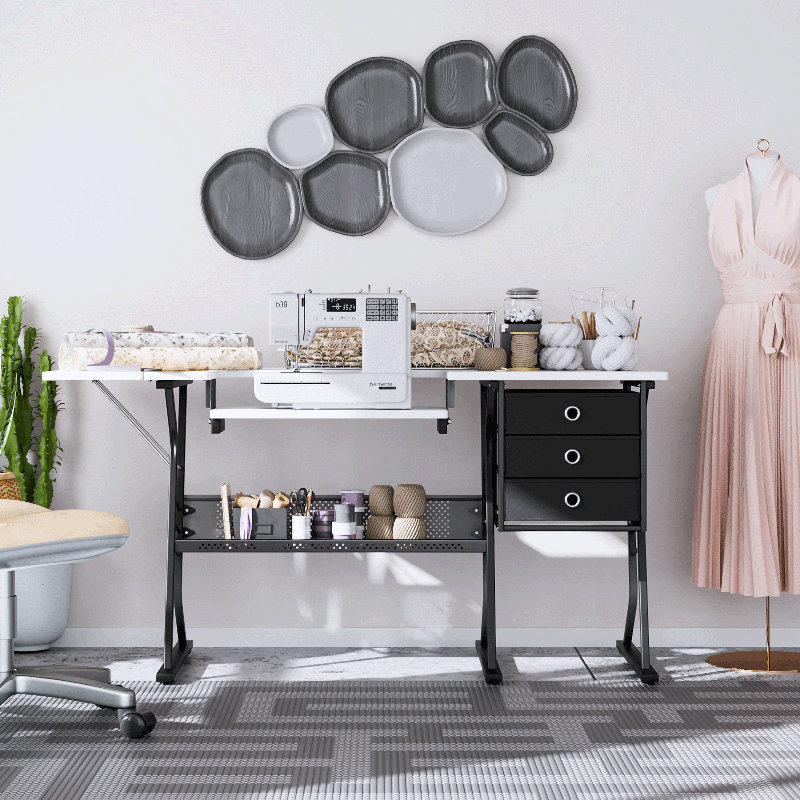 Table de couture pliable 60 ", table de machine à coudre polyvalente avec plateforme réglable et tiroirs