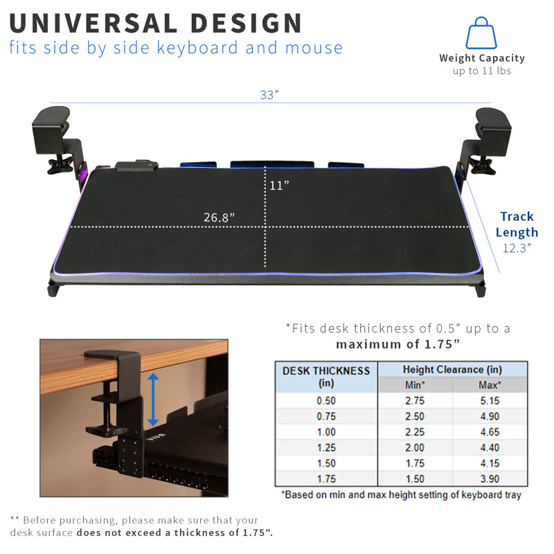 Black Adjustable Clamp-On Under Desk Keyboard Tray with RGB Pad