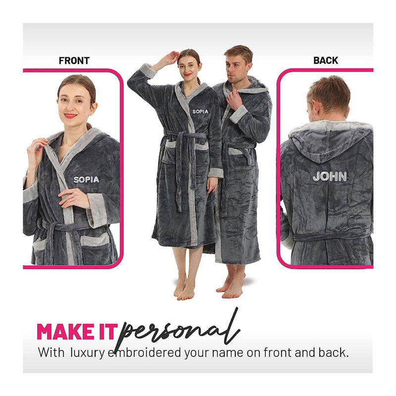Peignoir en molleton mi-mollet avec poches et capuche, Gris foncé, Oui