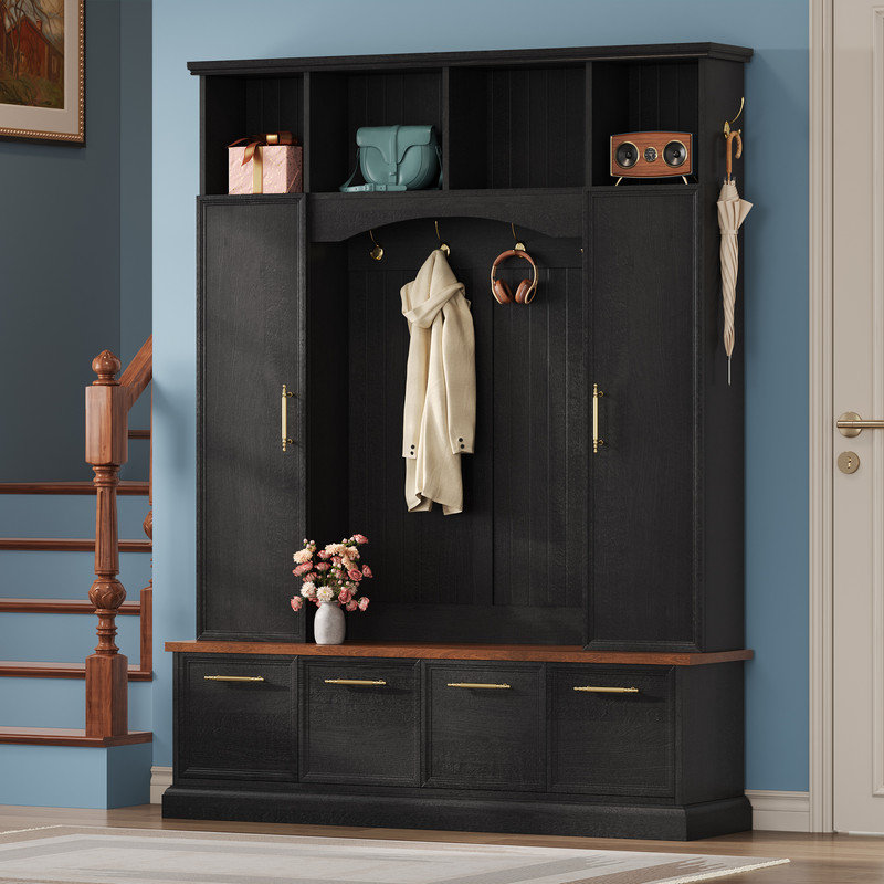 76.7"H Hall Tree with Open Storage, Black