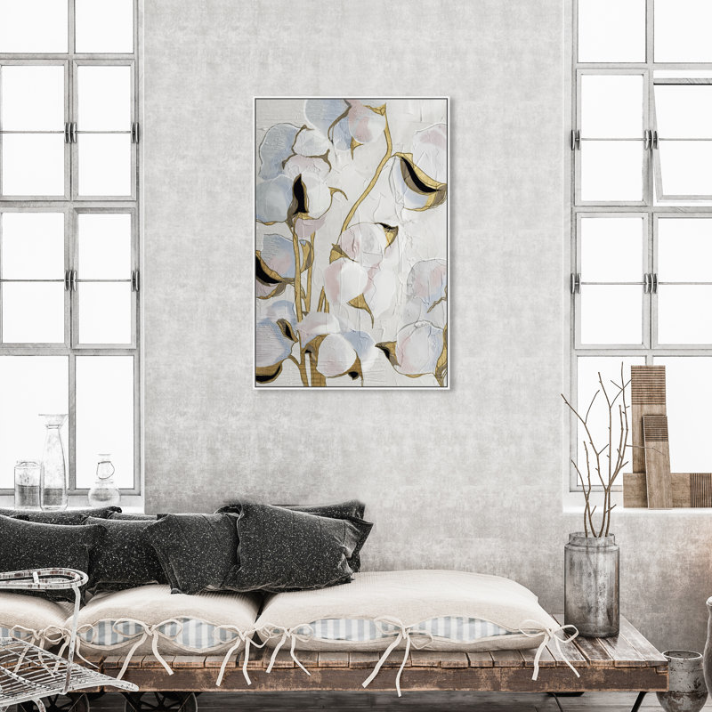 Tige dorée florale, fleurs de coton blanc moderne - peinture sur toile, H 45 po x l 30 po x P 1,75 po