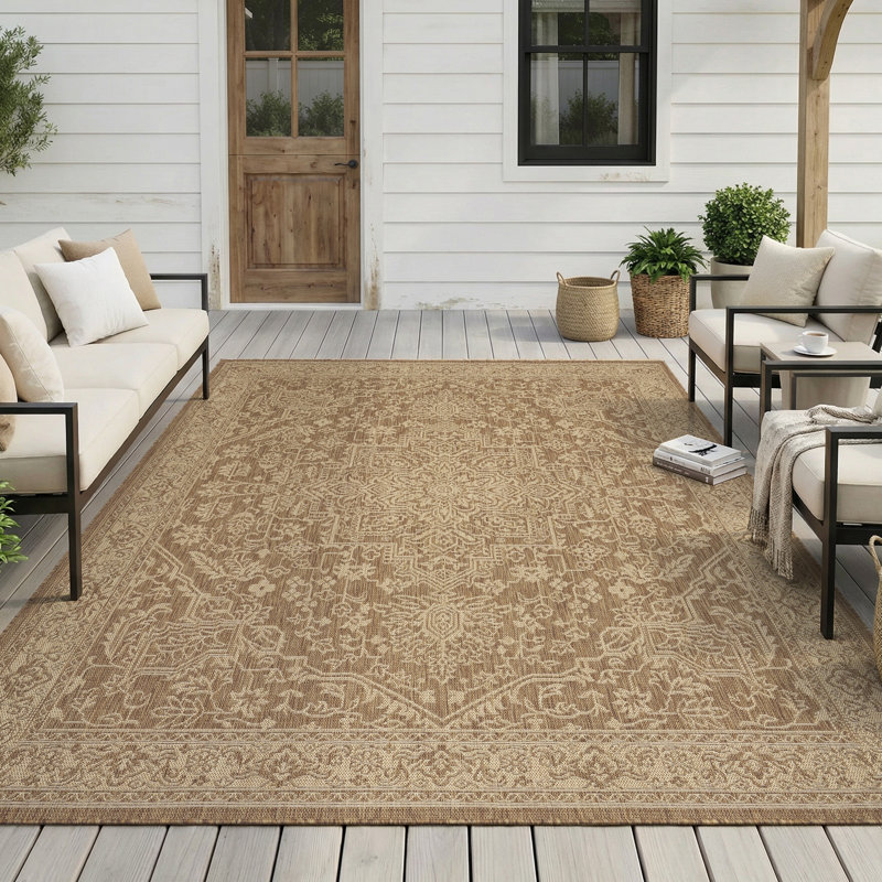 Oriental Medallion UV Resistant Woven Indoor / Outdoor Area Rug Tan, Rectangle 8' x 10', Brown