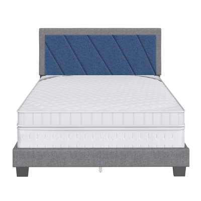 Savona Diagonal Upholstered Faux Leather or Linen Platform Bed, Adjustable Height Headboard, Heavy Duty Slat 4 Slat Support- Requires Box Spring