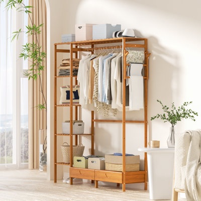 5-Tier Bamboo Clothing Garment Coat Rack Storage Shelf, Portable Bedroom Wardrobe Closet Organizer