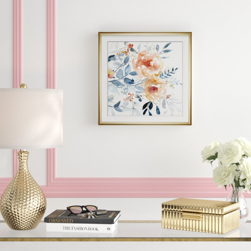 «Flowering Branches I», peinture, H 16 po x l 16 po x P 2 po, Encadrement doré