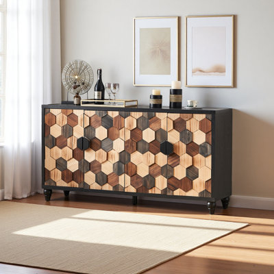 Distressed Storage Cabinet With Honeycomb Pattern, Modern Accent Cabinet With Doors For Entryway Buffet Sideboard Living Room Sideboard