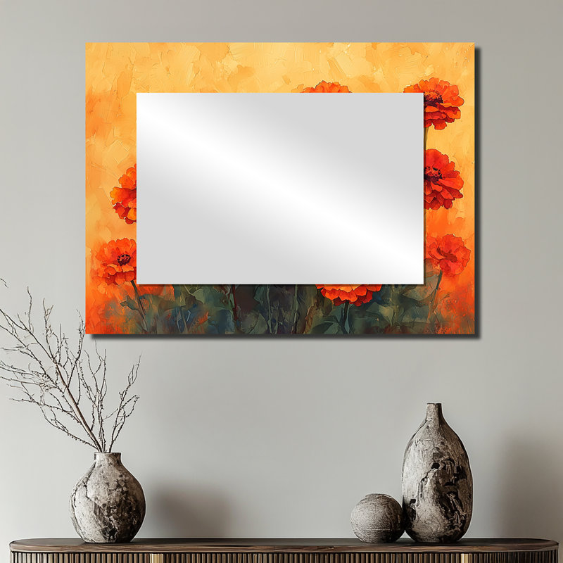 Zinnias Sunrise Orange Hues I - Miroir mural décoratif floral - imprimé sur métal, 24 po x 32 po
