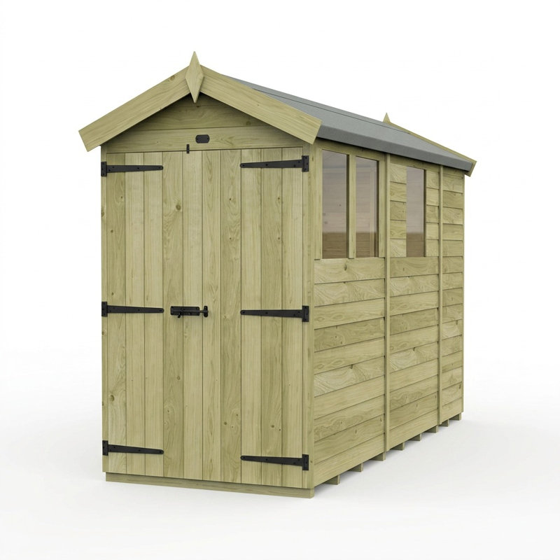 Total Sheds 4ft x 9ft Apex Garden Shed - Double Door - With Windows - Pressure Treated Timber - UK Manufactured