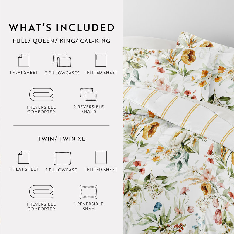 7-Piece Bedding Bundle - Pattern Comforter and Sheet Set, Brown Floral, Full Comforter + 1 Additional Piece