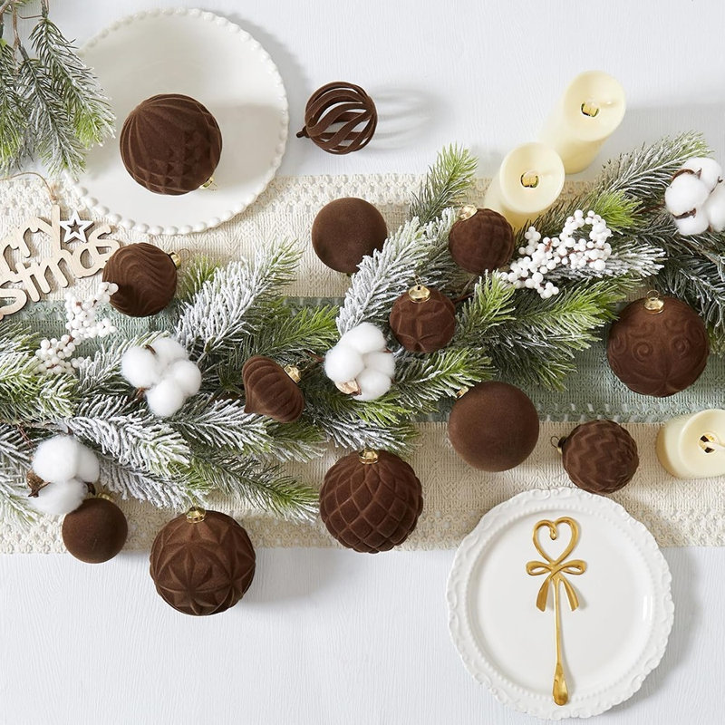 Boules de Noël en velours brun, décorations de sapin incassables floquées pour les fêtes
