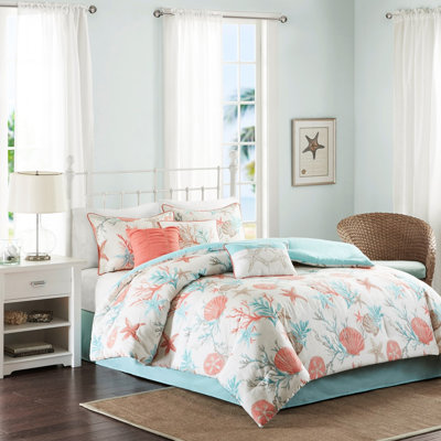 7 Piece King Cotton Comforter - With Printed Shells, Starfish, Corals In , Teal & Taupe Filling Pebble Beach With Coastal Elements Fill