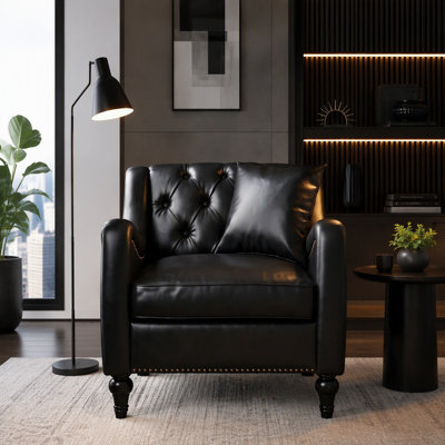 PU Leather Mid-Century Accent Armchair with Tufted Button Backrest and Nailhead Trim, Single Sofa Chair Featuring Solid Wood Frame and Birch Wood Legs for Bedroom and Reading Corner