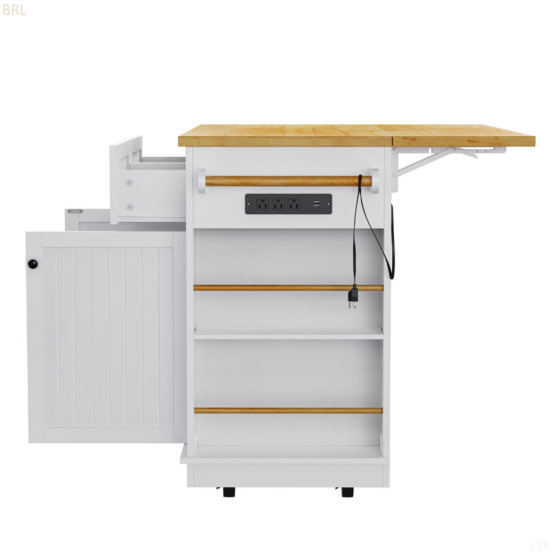 Lullaby 48" Fluted Kitchen Island With Drop Leaf and Storage Cabinet, Rolling Kitchen Storage Cart on 5 Wheels with 5 Open Side Racks(Not Including Stools)