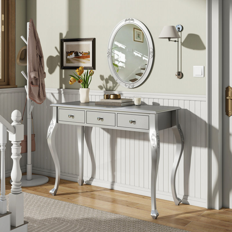 Coiffeuse Yusuf avec miroir sculpté et rangement pour bijoux, Argent argent