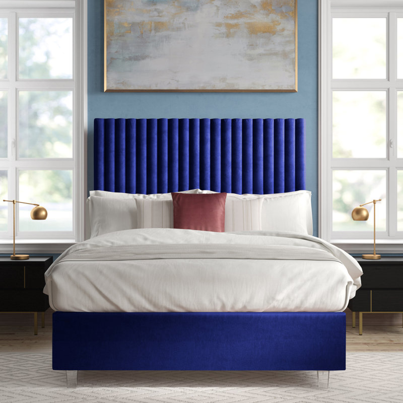 Upholstered Platform Bed, King, Navy Velvet