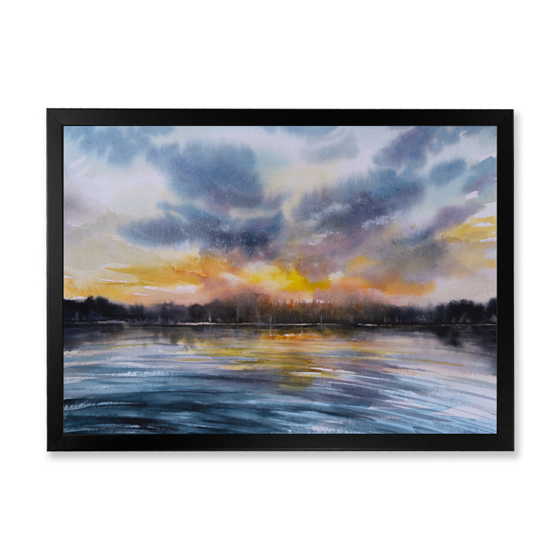 Coucher de soleil sur le lac I - décor mural toile, Cadre d'angle fermé noir, H 16 po x l 32 po
