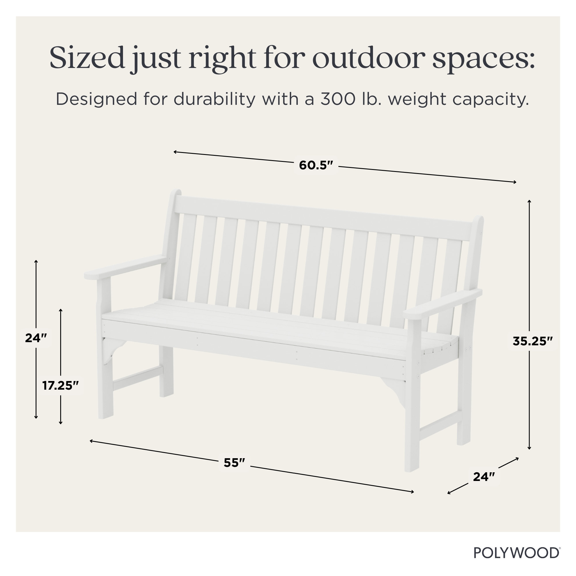 POLYWOOD Vineyard Patio Bench, White, 35.25" H x 60" W x 24" D