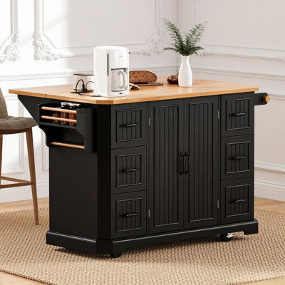 Kitchen Island With Drop Leaf, Power Outlet, 6 Deep Drawers, And Rolling Wheels For Flexible Storage And Workspace.