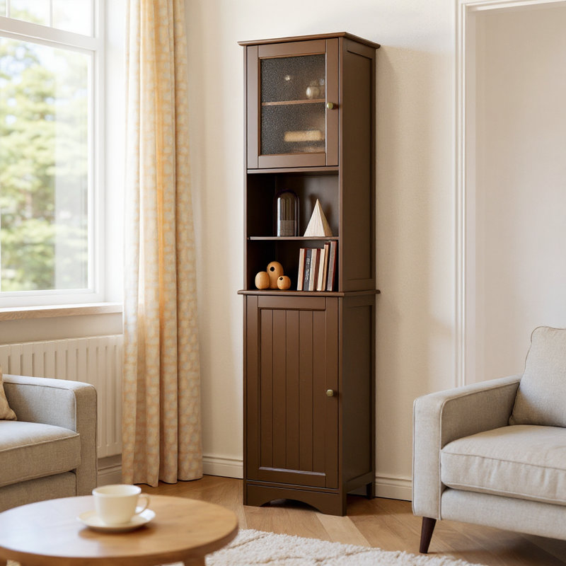 Natyra 67.1'' H Freestanding Tall Bathroom Linen Cabinet with 2 Doors, Dark Brown